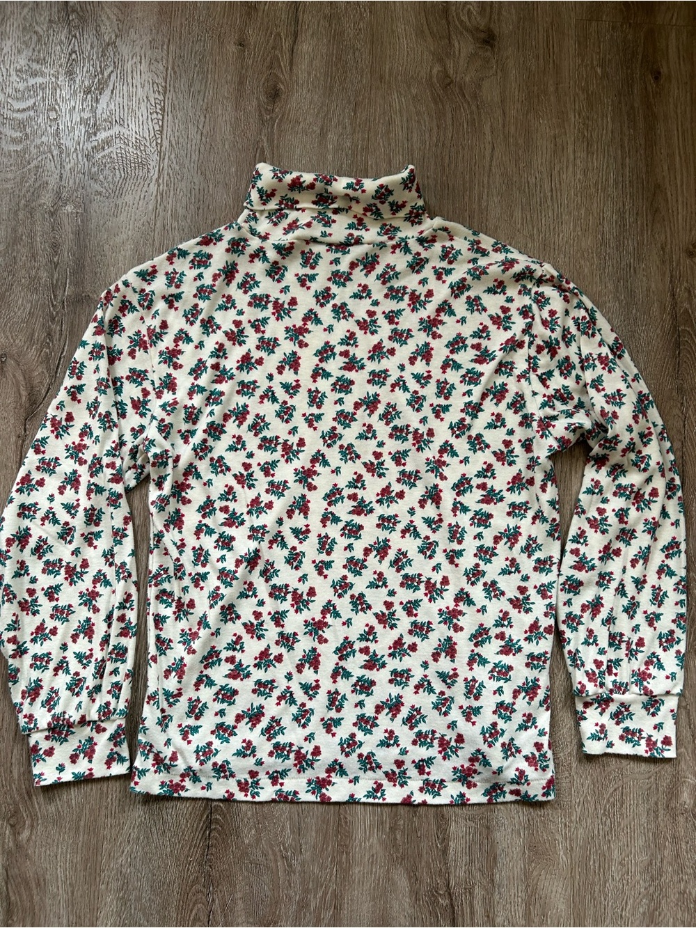 Vintage Floral Turtleneck Long Sleeve Top - Cream with Red & Green Print